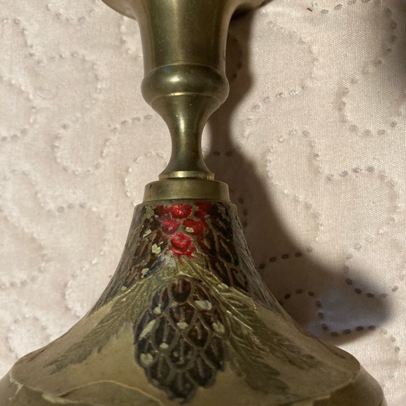 Vintage Christmas Scene Cloisonné Enamel Christmas Brass Candle Holders Set - Picture 3 of 4